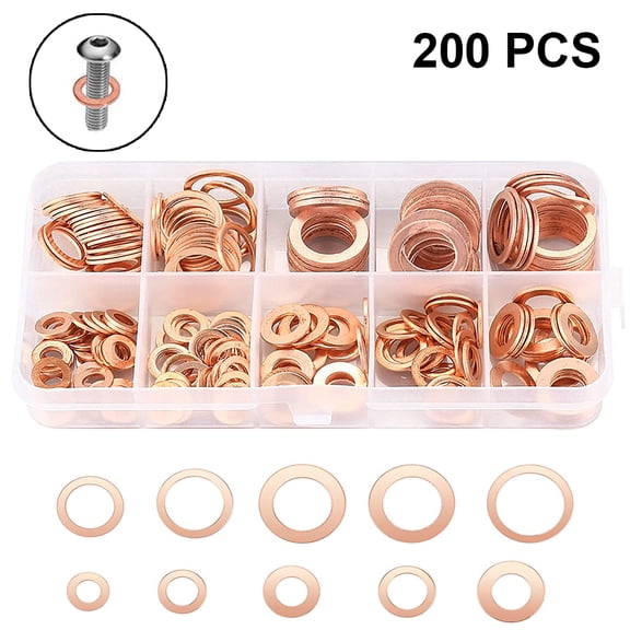 200pcs Flat Copper Washer Assortment Set M5-M14 O Ring Copper Gaskets Set Flat Ring Seal Kit Metric Sealing Washers, 9 Size
