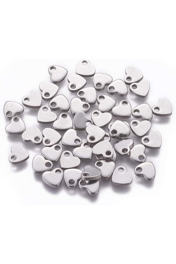 200pcs Flat Heart with Round Hole Pendants Stainless Steel Dangle Charms Blank Pendant for Necklace DIY Jewelry Making 6x7x1.5mm for DIY