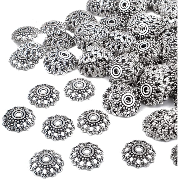200pcs Flower Bead Caps Alloy Filigree Flower Cap Spacer Beads Jewelry Making Accessories for DIY Earrings Bracelet Necklace Craft, Antique Silver 11.5 mm x 2.5 mm