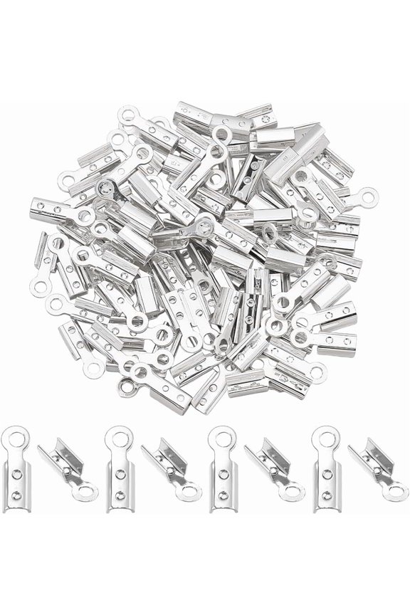 200pcs Fold Over Cord Ends Silver Crimp Beads Leather Ribbon End Clasp Tips Brass Crimp End Tips Jewelry Connector for DIY Jewelry Making Bracelet Necklace 7.5x2.5mm