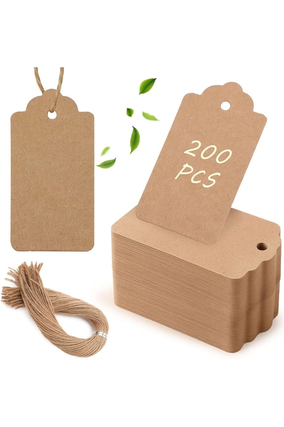 200pcs Gift Tags with String Attached, 1.6 x 2.8 inch Kraft Paper Hang Handmade Tags for Clothes Birthday Wedding Holiday DIY Crafts (Brown Water Ripple)