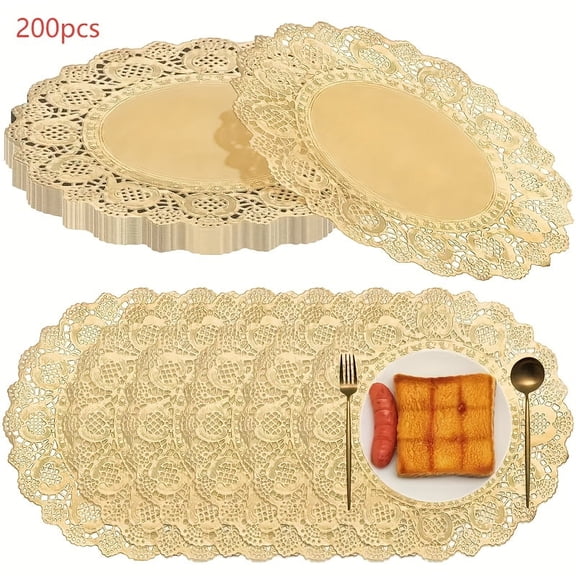 200pcs Gold Paper Doilies, 13.5 Inch Round Disposable Placemats, Lace-Style Gold Placemat Set for Table Dcor, Weddings, Parties, Events, Gold Round Paper Placemats & Doilies for Elegant Serving