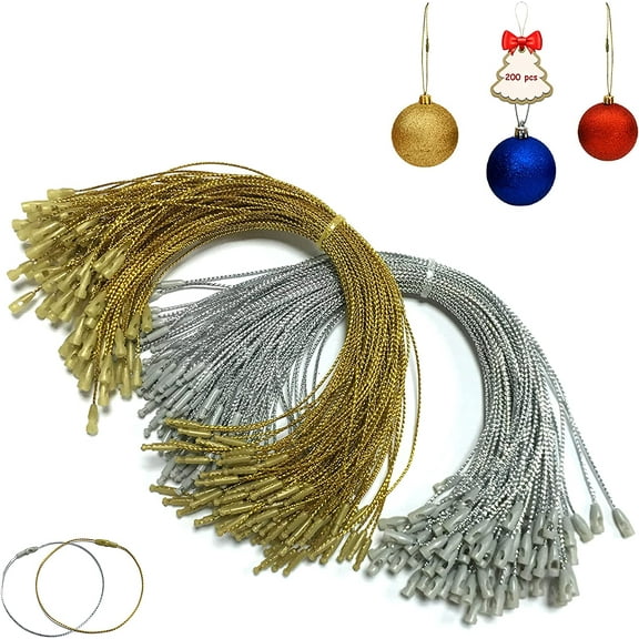 200pcs Gold Silver Ornament Hanger String-Christmas Ornaments Hook Precut Ropes with Snap Fasteners-Polyester Ornament Wire for Xmas Tree Holiday Party Hanging Decoration