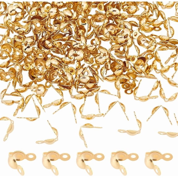 200pcs Golden Bead Tips Stainless Steel Calotte Ends Open Clamshell Knot Covers Fold-Over Bead Tips 1.5mm Small Hole End Caps for Knots Crimp Findings Crafts 8x4mm