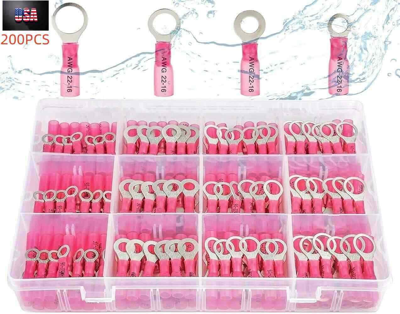 200pcs  Heat Shrink Ring Terminal Connector Red 22-18 GA #10 1/4-3/8" Crimp Wire