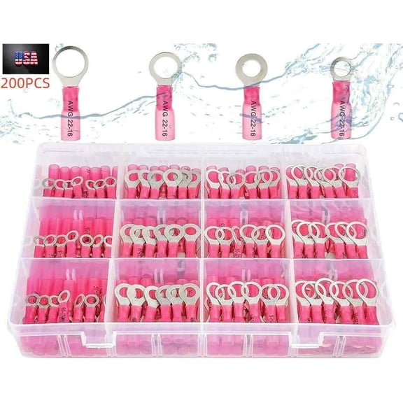 200pcs Heat Shrink Ring Terminal Connector Red 22-18 GA #10 1/4-3/8" Crimp Wire