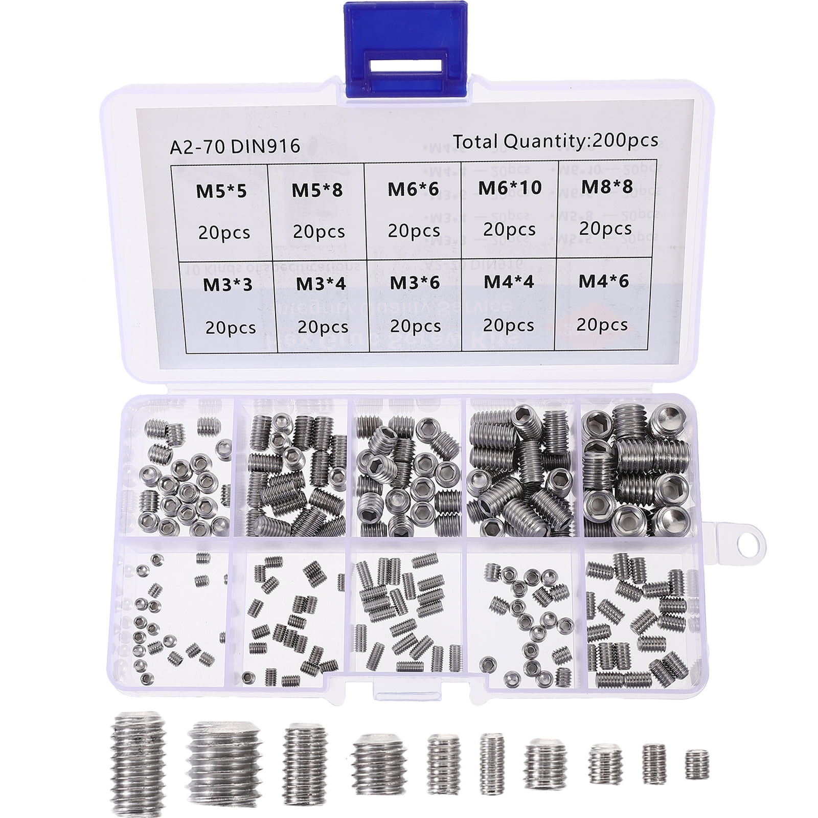 200pcs Hexagon Socket Set Machine Screw Combination Box Headless Screws