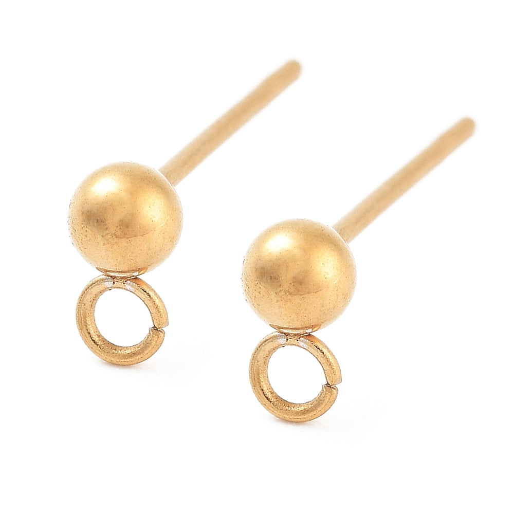 200pcs Ion Plating(IP) 304 Stainless Steel Ball Post Stud Earring Findings with Horizontal Loops and 316 Surgical Stainless Steel Pin golden 15x7x4mm Hole: 1.8mm Pin: 0.7mm.