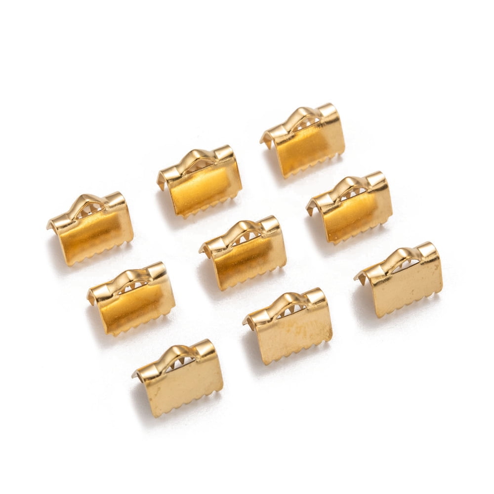 200pcs Ion Plating(IP) 304 Stainless Steel Ribbon Crimp Ends Golden 9.5x10.5mm Hole: 1.5x3mm