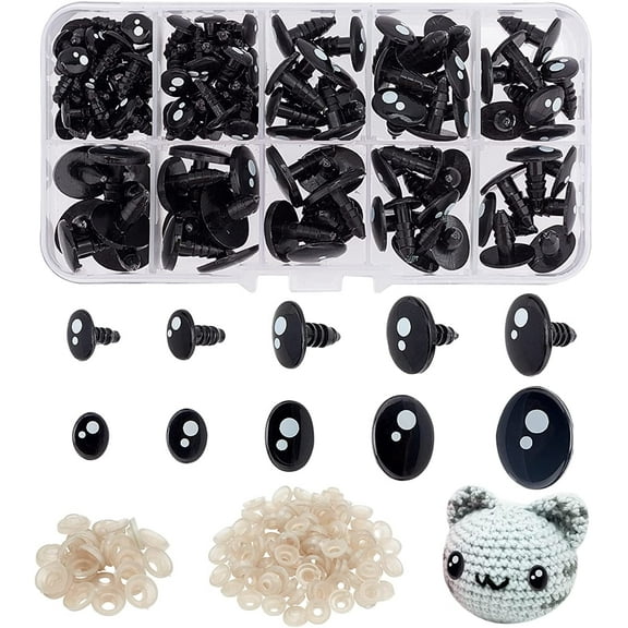 200pcs Kawaii Safety Eyes, 5 Sizes Craft Eyes Black Stuffed Animal Eyes Kawaii Eyes with Washers Oval Resin Felt Eyes for Amigurumi Puppet Teddy Bear Crochet Toy Plush Animal Making