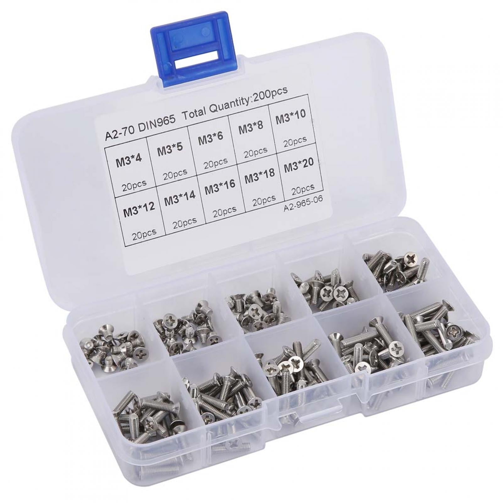 200pcs M3 Cross Flat Head Screw Set, Including M3x4 to M3x20 Lengths