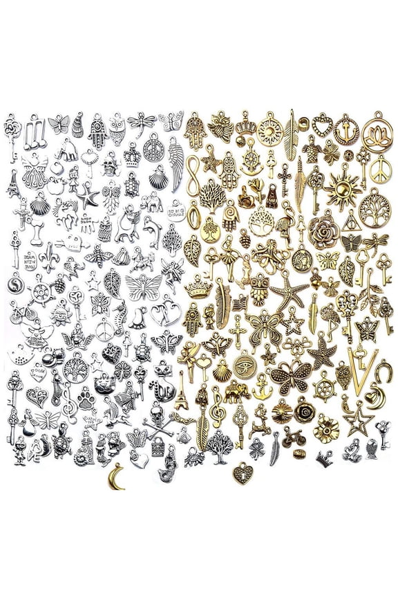 200pcs Mixed Antique Charms Tibetan Alloy Pendants for Necklace Bracelet Jewelry Making and Crafting,Antique Silver & Gold