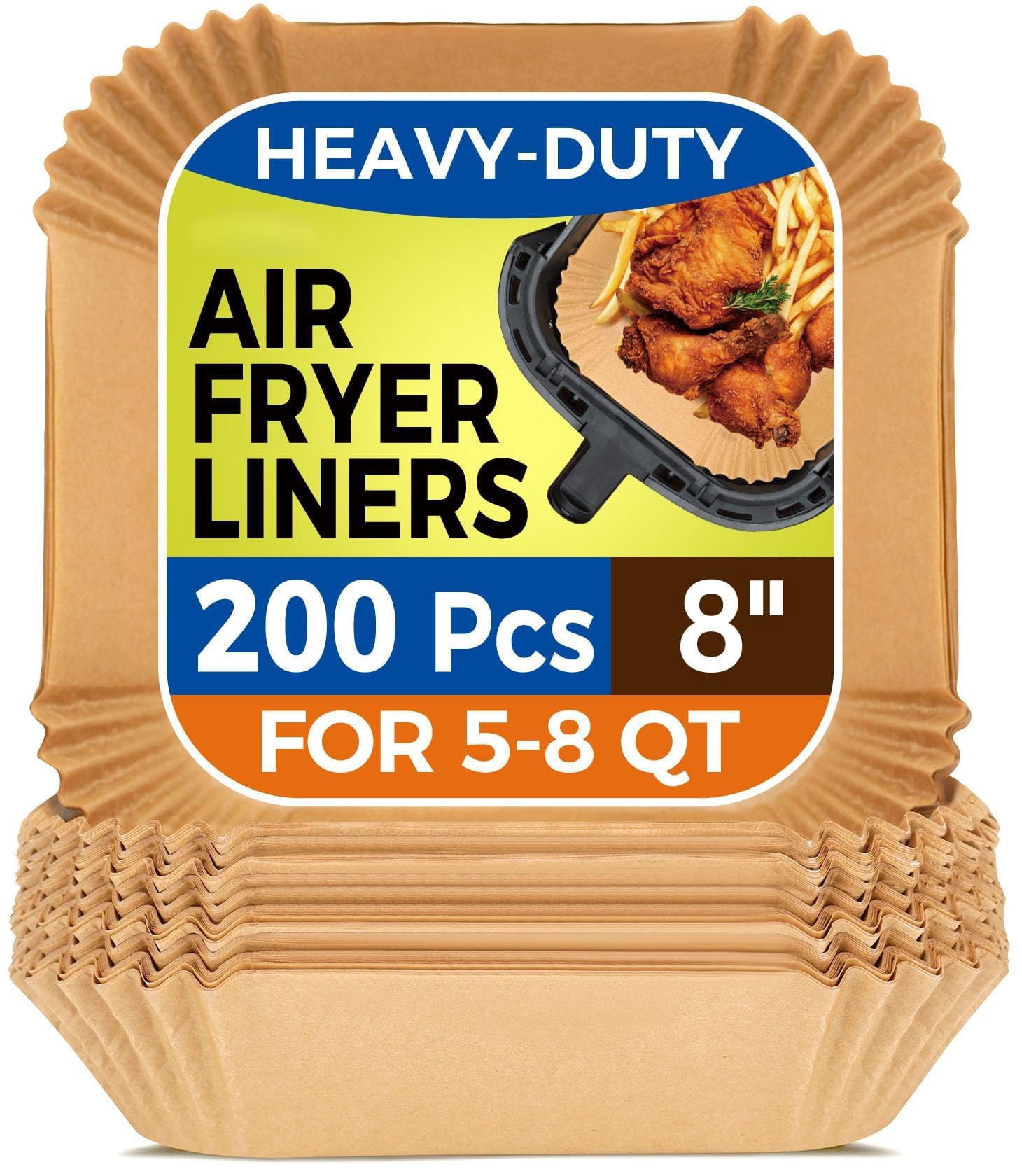200pcs Non Stick Air Fryer Liners, 8 Inch Square Parchment Paper for 5-8 Quart Airfryer Basket, Unbleached Heat Resistant Baking Sheets for Oven Cooking, Brown