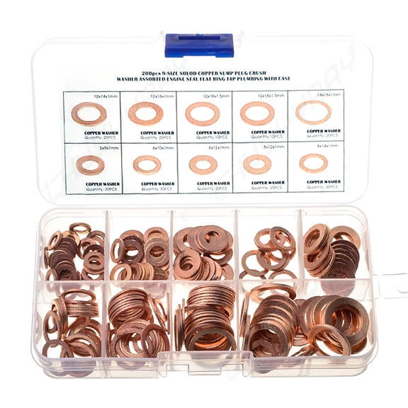 200pc Oil Drain Plug Washer Copper Seal Ring Gasket Assortment Set M5-M14 Kit