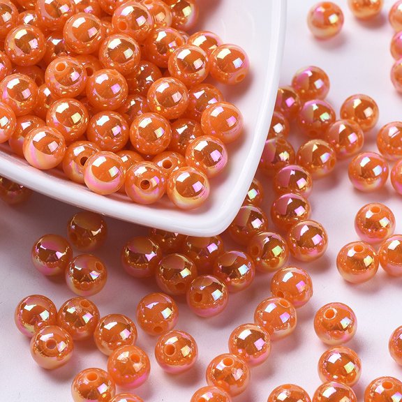 200pcs Poly Styrene Acrylic Beads AB color Round Orange 8mm Hole: 1mm