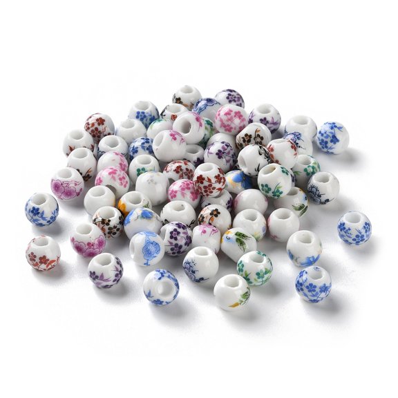 200pcs Printed Porcelain Beads Round with Flower Pattern Mixed color 8x7mm Hole: 3mm