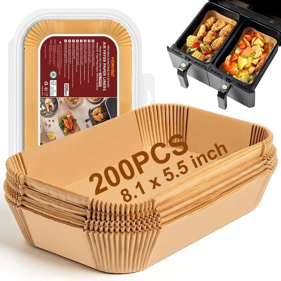 200pcs Rectangle Air Fryer Paper Liners, Disposable Inserts for Ninja Foodi Dual Zone DZ201 DZ401 DZ550, Bella Slim 4 qt & other 8-10 qt 2-Basket Air Fryers (9'' x 6'' on Top)