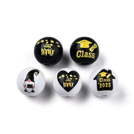200pcs Senior Year Theme Printed Wooden Beads Round Black Graduation Theme Pattern 15.5~16x15mm Hole: 3.5mm