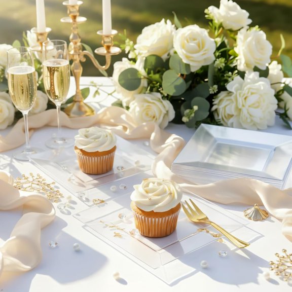 200pcs Square Dessert Plates Includ 100pcs 6inch Appetizer Plates,100pcs 5inch Plastic Forks,Clear Dessert Plates Disposable Appetizer Plates Serve 100 Guests For Wedding Party&Valentine's Day