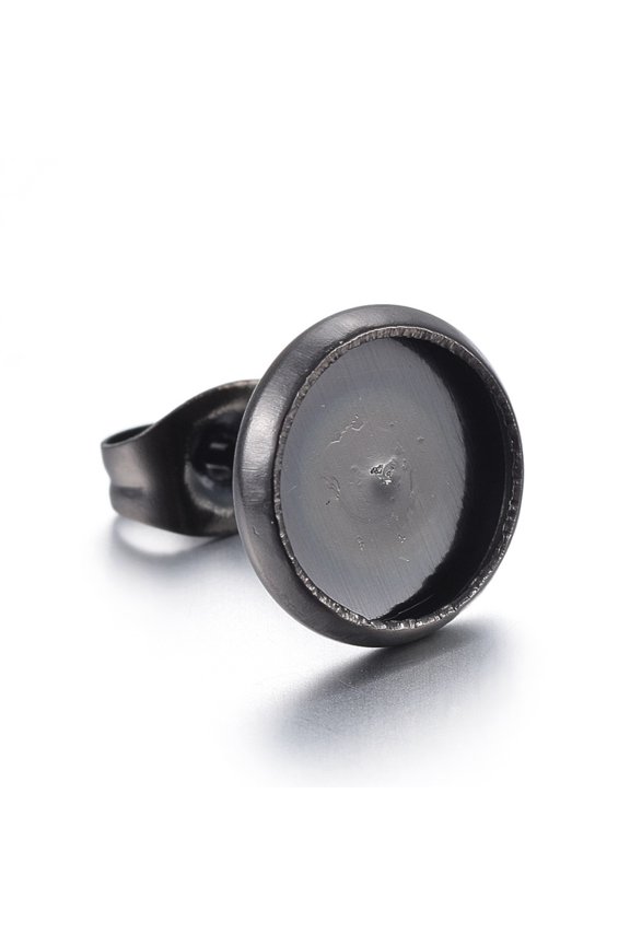 200pcs Stainless Steel Stud Earring Settings Flat Round Electrophoresis Black Tray: 8mm 10mm Pin: 0.7mm