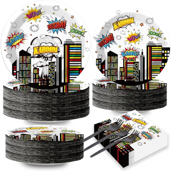 200pcs Super Plates Napkins Forks Hero Theme Tableware Set Hero Action Sign Disposable Paper Dessert Cake Dinnerware Boy Girl Happy Birthday Baby Shower Decor Supplies Serve 50 Y114