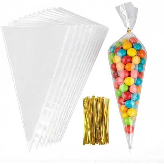 200pcs Sweet Cones Bags with Ties 7x12 Inch Carrot Shaped Cellophane for Treat Bags Plastic Cones for Sweets Hot Chocolate