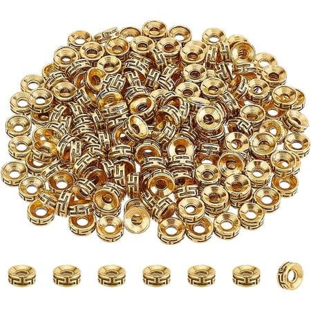 200pcs Tibetan Spacer Beads Golden Flat Round Beads 7.5x3mm Carved Roundelle Spacer Beads Metal Loose Beads