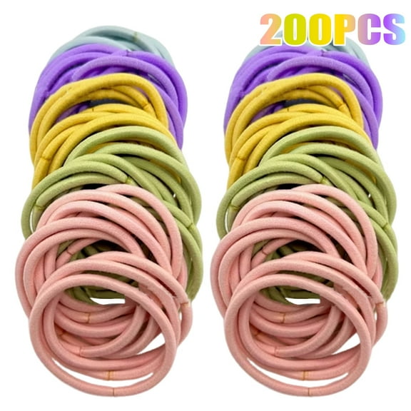 200pcs Womens Elastics Hair Ties, 4MM Multicolor Ponytail Holders in 5 Colors, 2-Inch Diameter Hair Bands for Medium to Thick Hair
