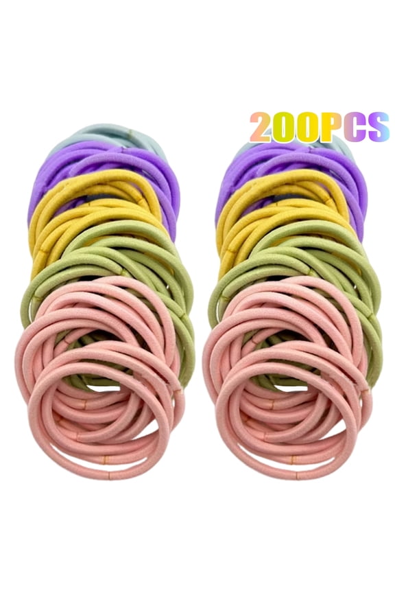 200pcs Womens Elastics Hair Ties, 4MM Multicolor Ponytail Holders in 5 Colors, 2-Inch Diameter Hair Bands for Medium to Thick Hair