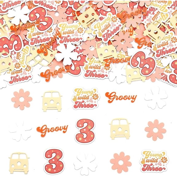 200pcs Young Wild and Three Groovy Confetti Boho Groovy Birthday Party Decor Groovy 3rd Birthday Decor Retro Hippie Confetti Peace Daisy Confetti for 3rd Birthday Hippie Groovy Party