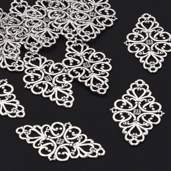 200pcs style Alloy Rhombus Filigree Joiners Links Cadmium Free & Lead Free Antique Silver 42x25x1mm Hole: 2mm