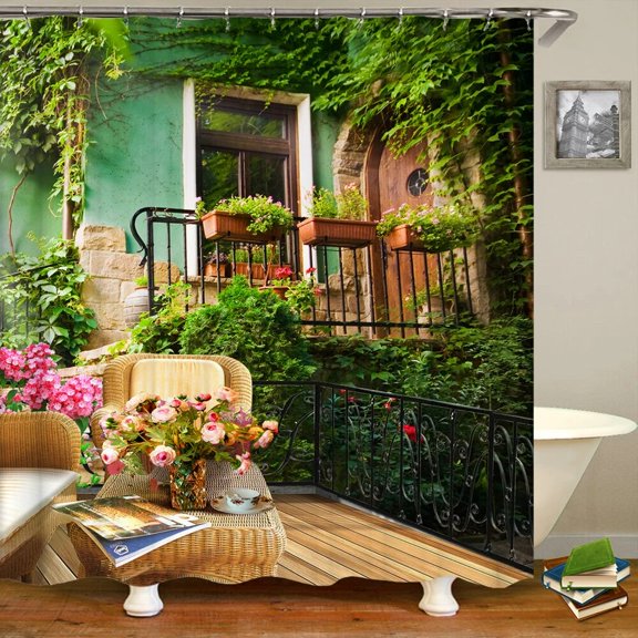 200x180cm bathroom waterproof shower curtain European garden scenery beautiful flower town printing home decoration curtain