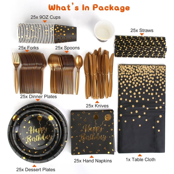 201 Piece Black Gold Birthday Party Supplies Elegant Disposable Dinnerware Set for 25 Guests Adult Glam Party Paper Plates 9 oz Cups Cutlery Straws Napkins Tablecloth Glitter Theme Decorations