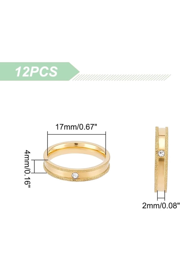 201 Stainless Steel 12Pcs Golden Frosted Blank Ring Size 6 Rhinestone Grooved Ring Stainless Steel Round Empty Ring for Inlay Ring Jewelry Band Making and Gift