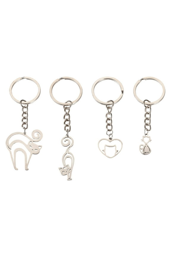201 Stainless Steel Cat Keychains with Iron Split Key Rings Stainless Steel Color 7.1~9.4cm 4 style 1pc/style 4pcs/set