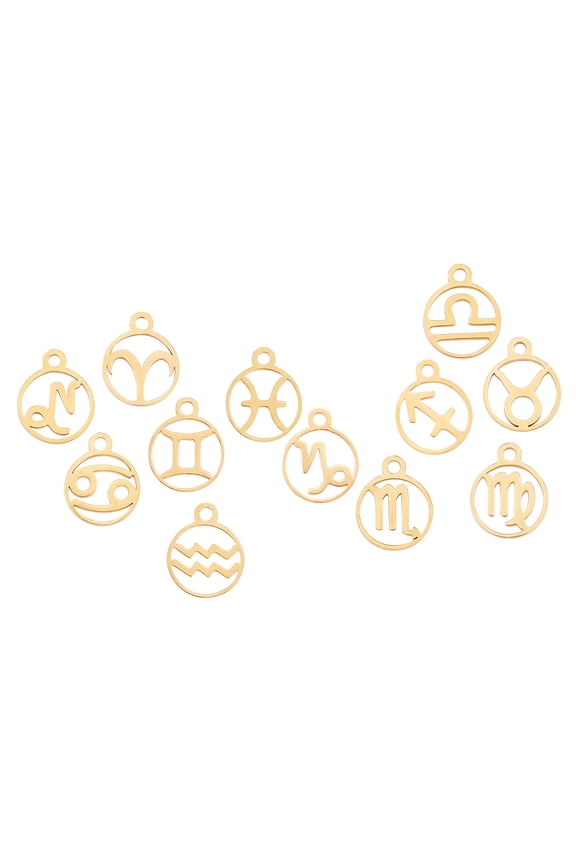 201 Stainless Steel Charms Flat Round with Constellation Golden 13.4x10.8x1mm Hole: 1.5mm 12constellations 1pc/constellation 12pcs/box