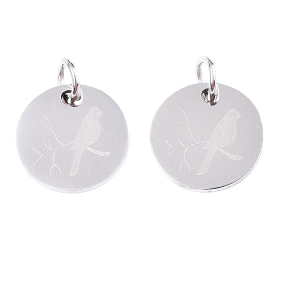 201 Stainless Steel Charms with Jump Rings Flat Round with Bird ...