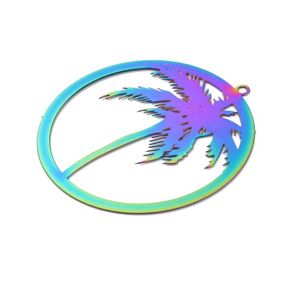 201 Stainless Steel Etched Metal Embellishments Pendants Rainbow color Coconut Tree 37x35x0.3mm Hole: 1.4mm