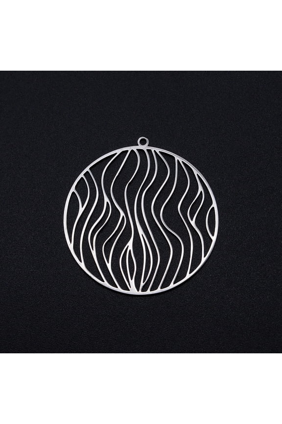 201 Stainless Steel Filigree Charms Flat Round with Wave Pattern Stainless Steel Color 39x36.5x1mm Hole: 1.6mm for DIY