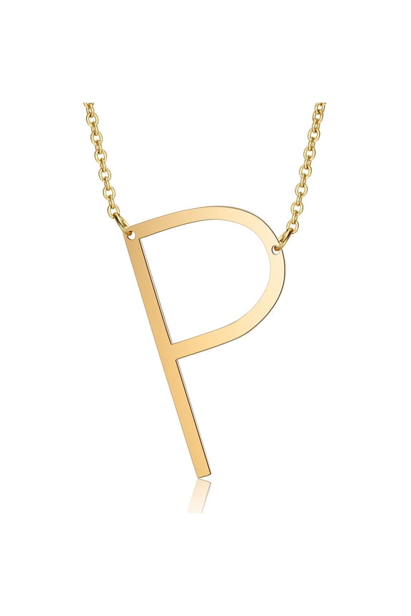 201 Stainless Steel Initial Pendants Necklaces with Cable Chains Letter Letter.P 17.3~18.3 inch(44~46.5cm)x1.5mm LetterP: 37x22x1mm