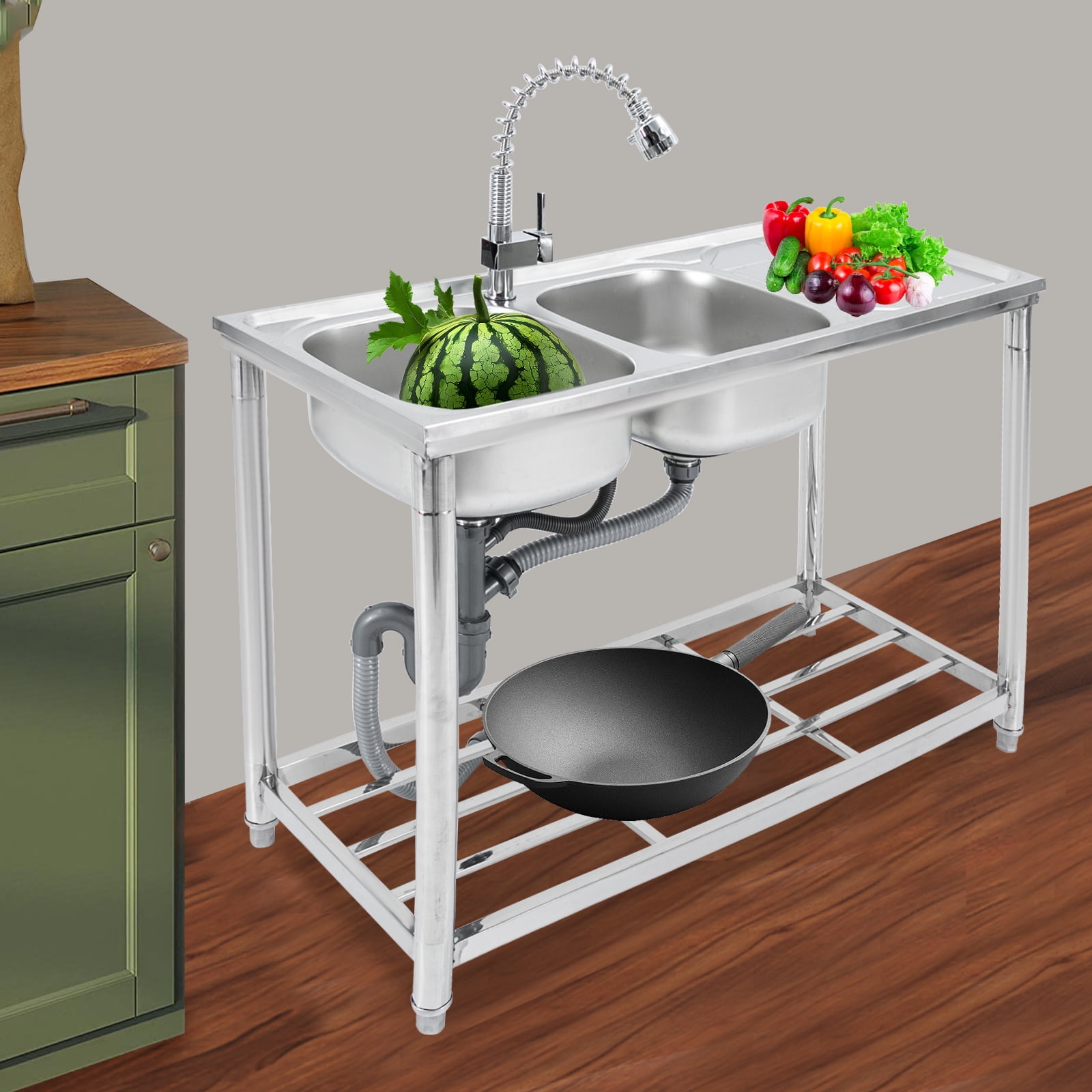 201 Stainless Steel Kitchen Sink, 2-Bowl Design with Pull-Out Spray Faucet, 220LBS Capacity, Free Standing for Home, Commercial.
