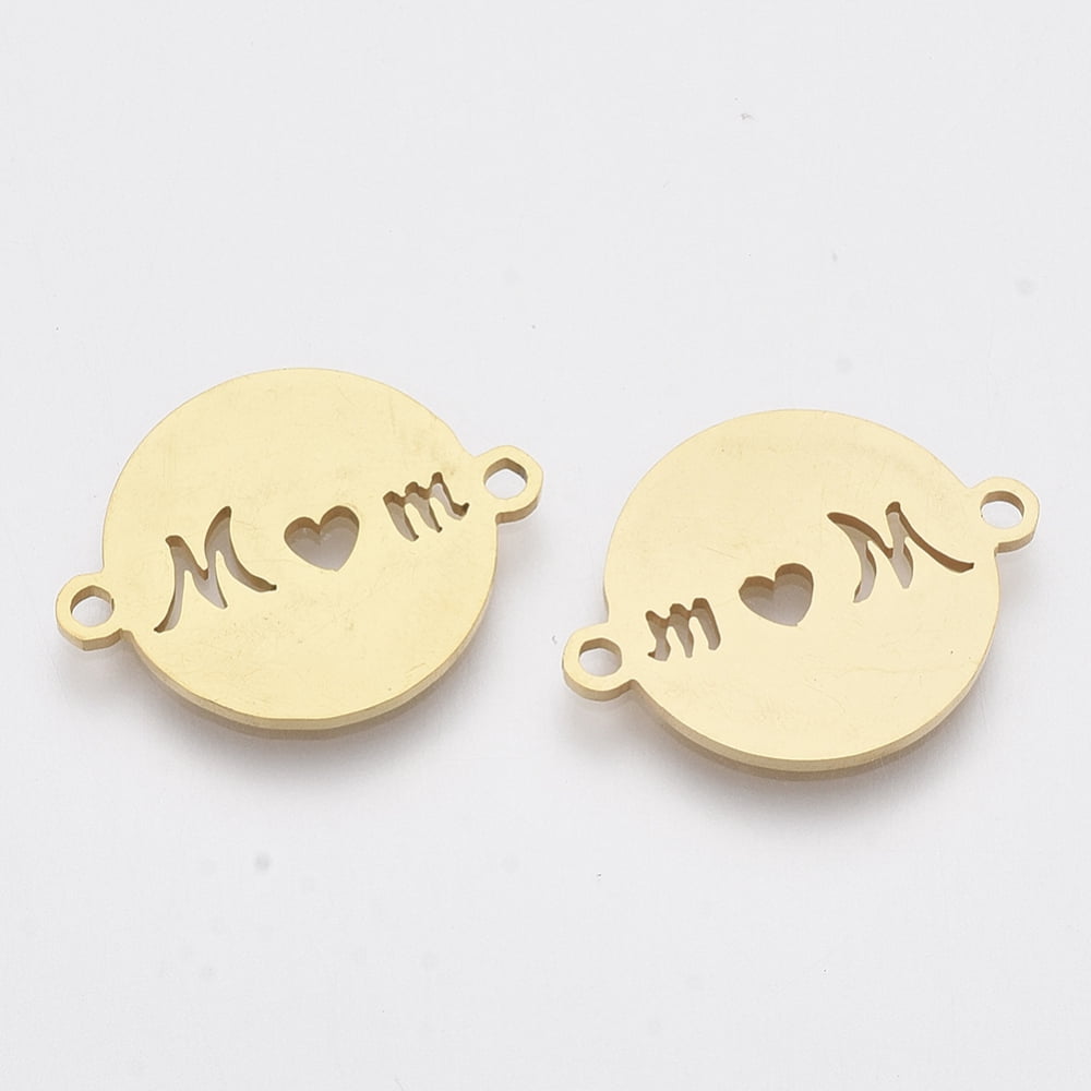 201 Stainless Steel Links connectors Laser Cut Links for Mother's Day Flat Round with Word Mom Golden 20x15.5x1mm Hole: 1.6mm DIY