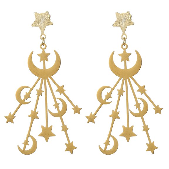 201 Stainless Steel Moon & Star Dangle Stud Earrings for Women Long Drop Earring Golden 66x36mm