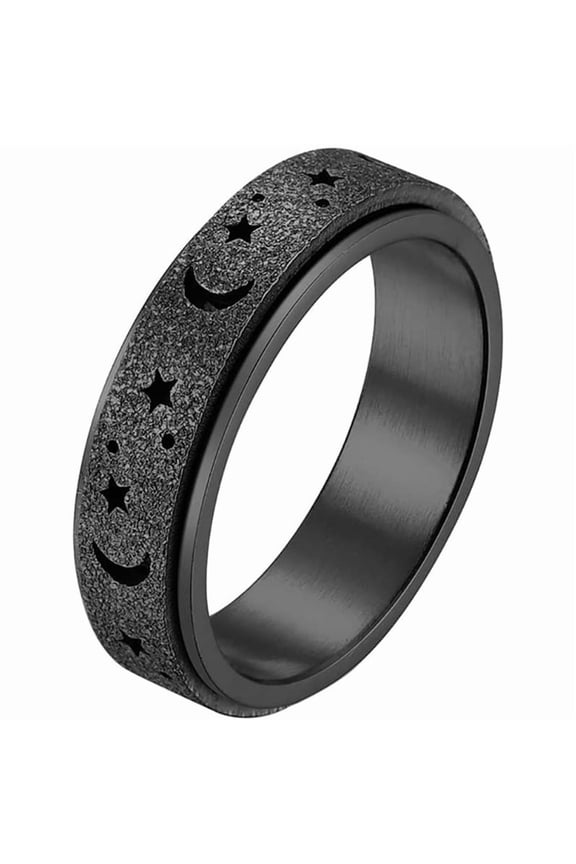 201 Stainless Steel Moon and Star Rotatable Finger Ring Spinner Fidget Band Anxiety Stress Relief Ring for Women Electrophoresis Black Size 12(21.4mm)