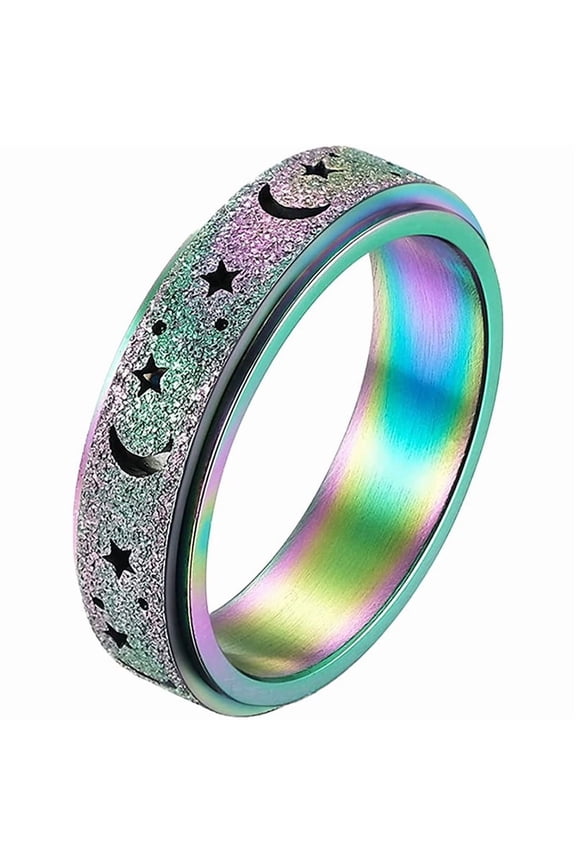 201 Stainless Steel Moon and Star Rotatable Finger Ring Spinner Fidget Band Anxiety Stress Relief Ring for Women Rainbow color Size 8(18.1mm)