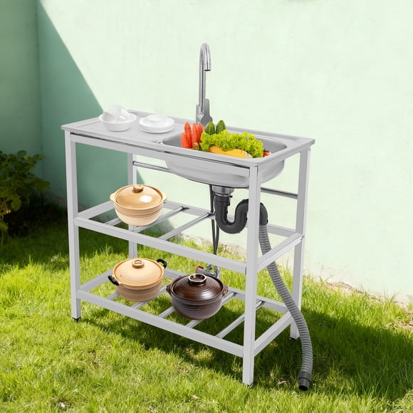201 Stainless Steel Outdoor Utility Sink | Freestanding Portable Washing Station with Hot & Cold Faucet, 3-in-1 Workstation & Double Layer Storage Rack for Backyard, Garden, Camping, Garage