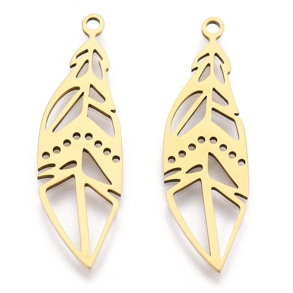 201 Stainless Steel Pendants Filigree Joiners Findings Laser Cut Feather Golden 33x10x1mm Hole: 1.6mm