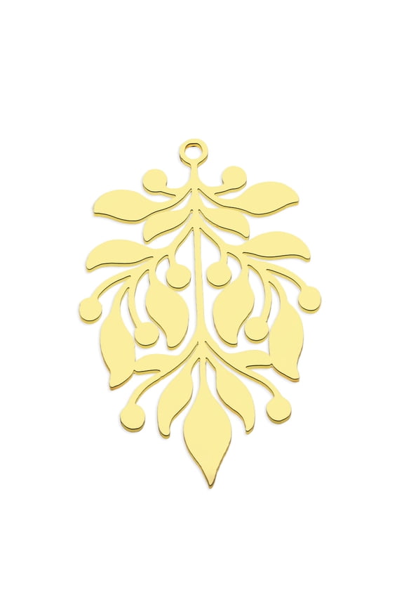 201 Stainless Steel Pendants Laser Cut Leaf PVD Vacuum Plating Golden 36x24.5x1mm Hole: 1.6mm