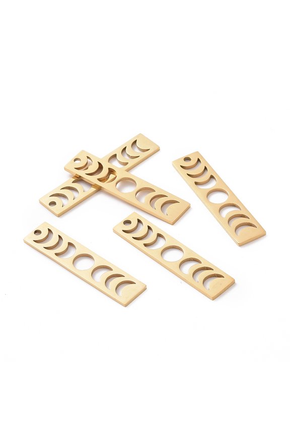 201 Stainless Steel Pendants Laser Cut Moon Phase Bar Charm Golden 35x8x1mm Hole: 1.8mm DIY