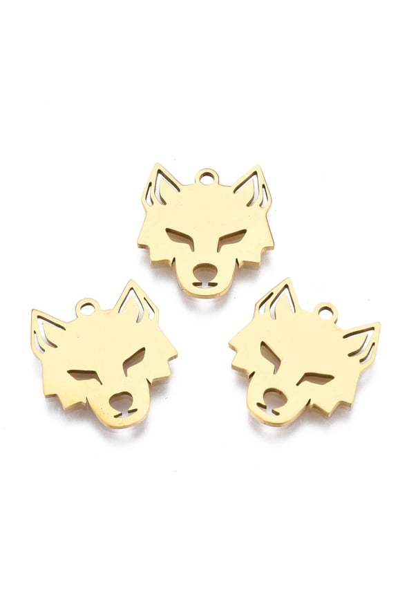 201 Stainless Steel Pendants Laser Cut Wolf Head Golden 16x15x1mm Hole: 1.4mm